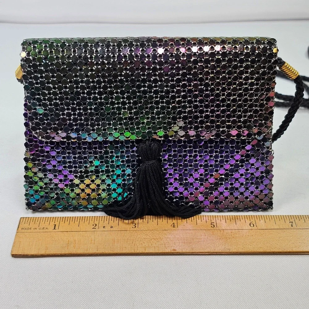 Apri Nights Iridescent Metal Mesh Crossbody Bag‎ Oil Slick Tassel Evening Clutch